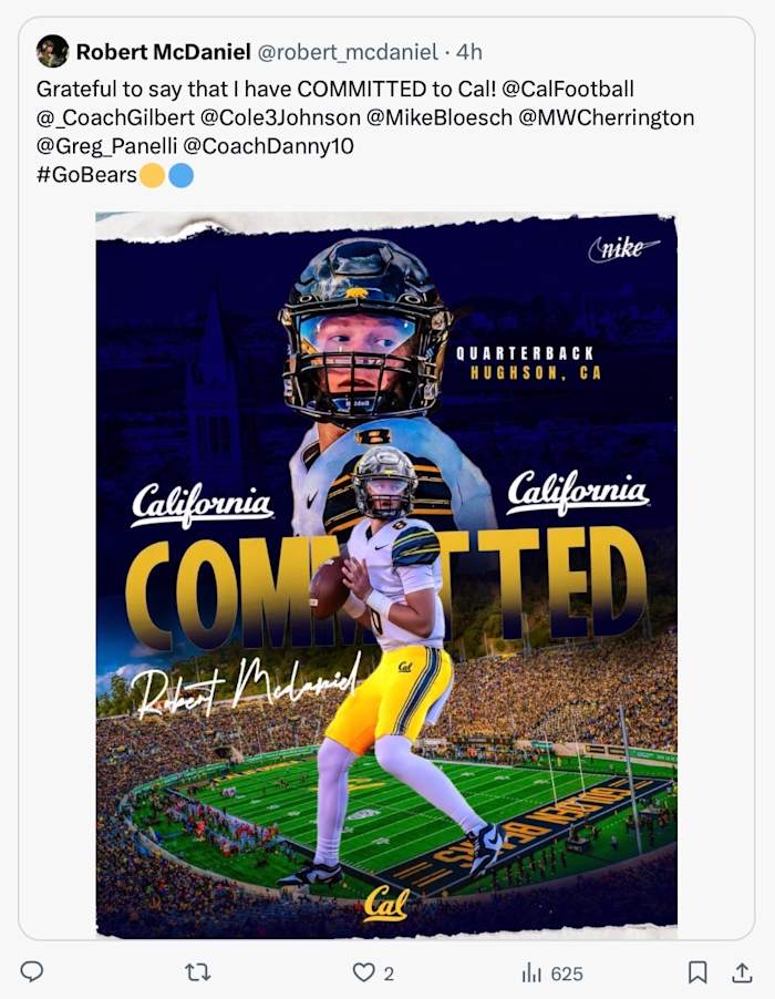 Robert McDaniel commits to Cal